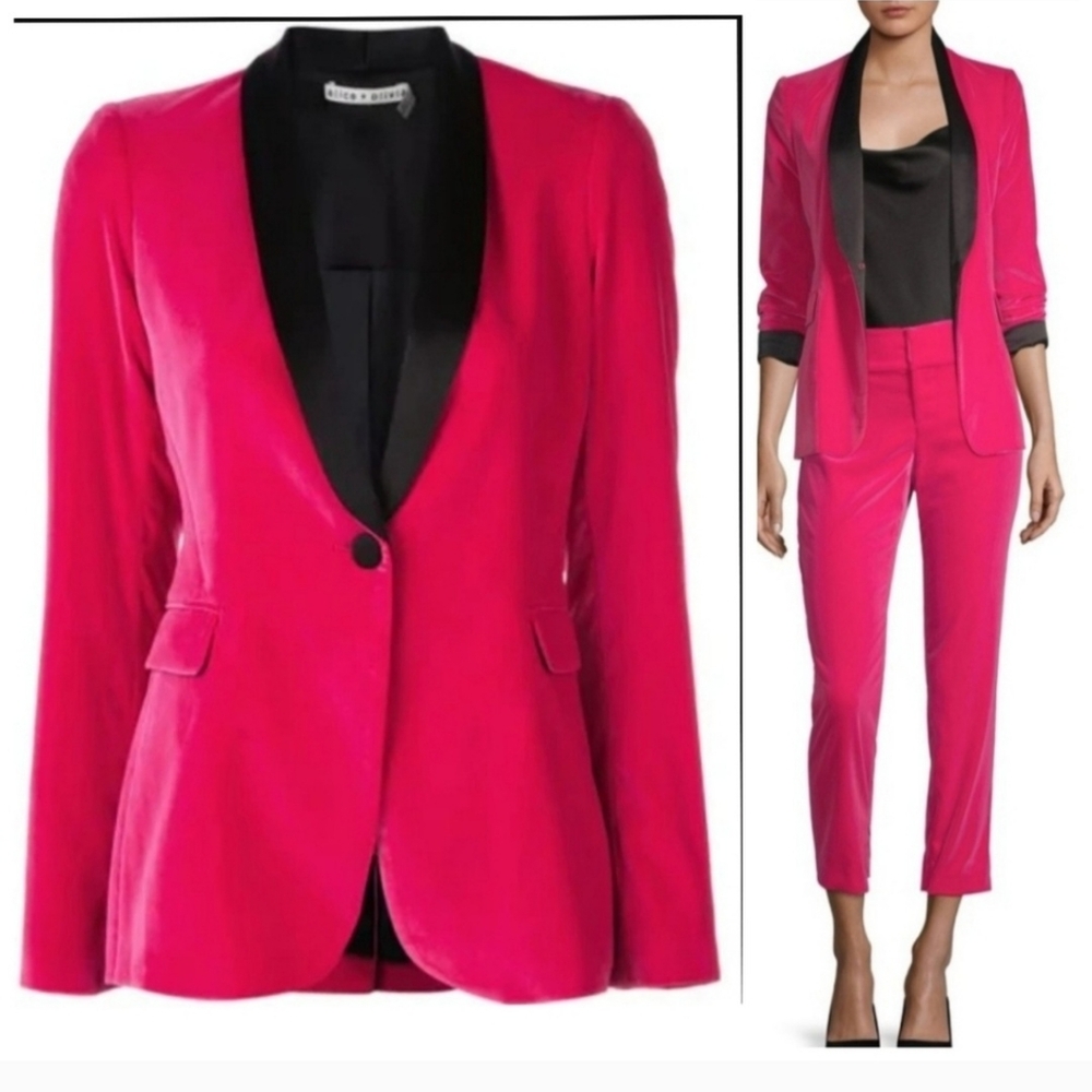 Alice+Olivia Macey fuchsia pink velvet black collar blazer Size 4